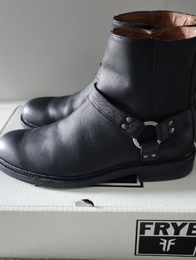 Frye Black Leather Harness Ankle Boots
